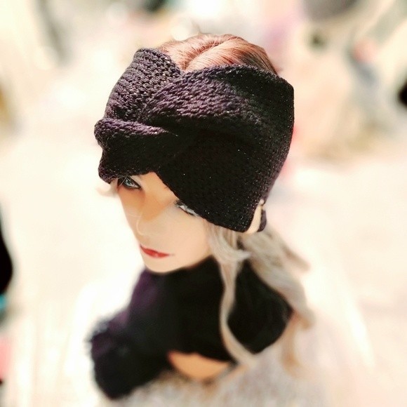 Women's Black Headband & Scarf Winter Set | Handmade in Warm Black Shimmer Knit - Picture 5 of 7